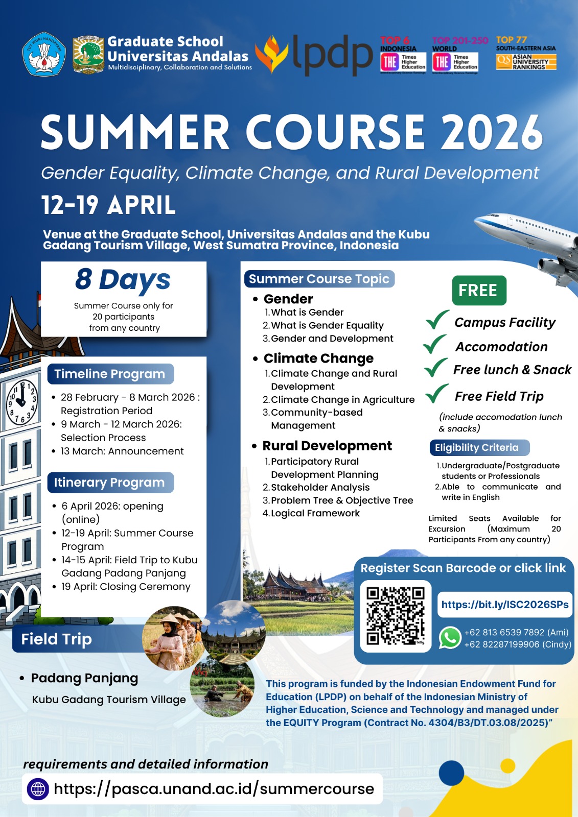 Summer Course 2026 — Graduate School Universitas Andalas: Gender Equality, Climate Change, and Rural Development