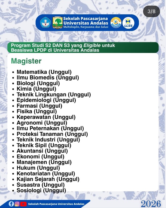 Penerimaan Mahasiswa Pascasarjana Universitas Andalas Khusus Pendaftar Beasiswa LPDP 2026