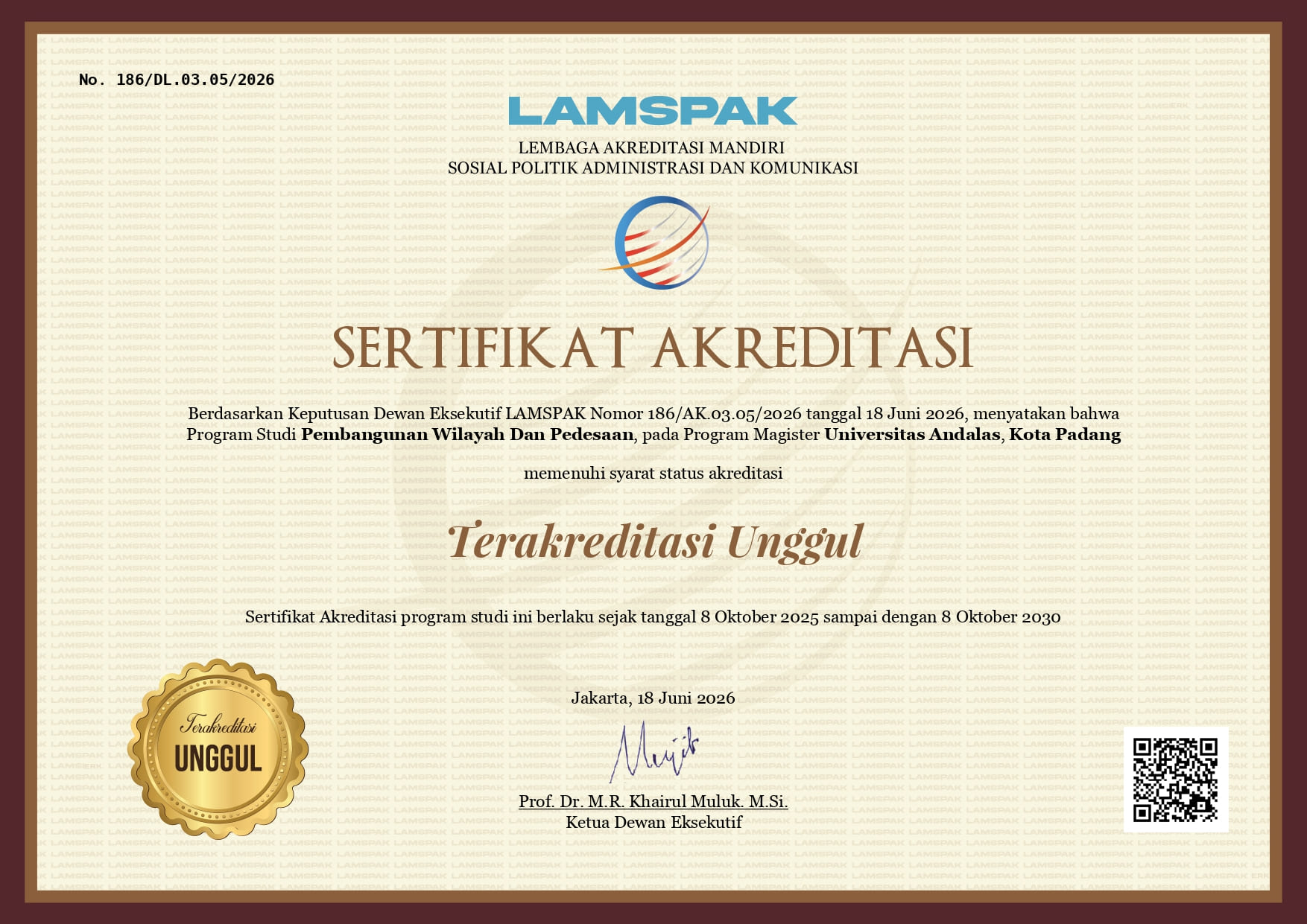 Ucapan selamat atas perolehan Akreditasi Unggul Program Studi S2 Pembangunan Wilayah dan Pedesaan Universitas Andalas
