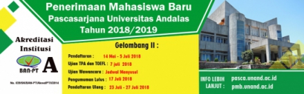 Jadwal Ujian TPA, TOEFL dan Wawancara Penerimaan Mahasiswa Baru Pascasarjana Unand Gelombang II TA 2018/2019 (en-GB)