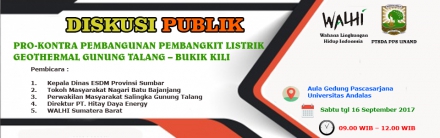 Program Pascasarjana Akan adakan Diskusi Publik Pro-Kontra Pembangunan Pembangkit Listrik Geothermal Gunung Talang – Bukik Kili